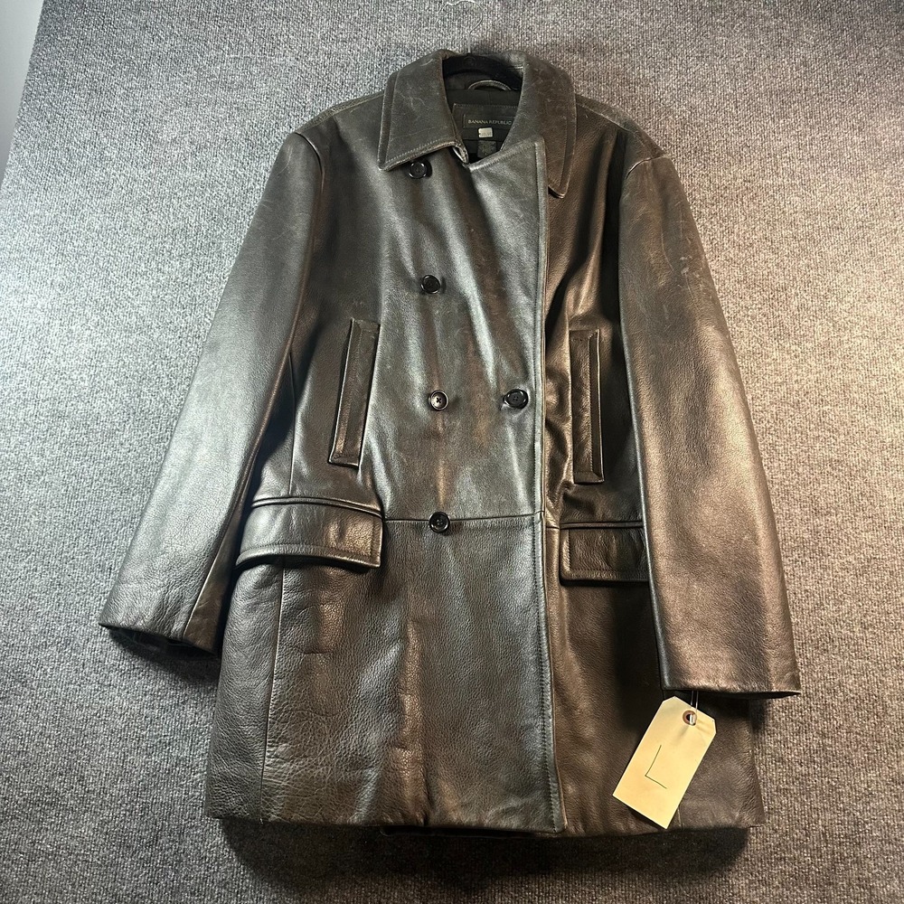 Banana Republic Genuine Leather Trench Coat Mens L Black Double Breasted Warm
